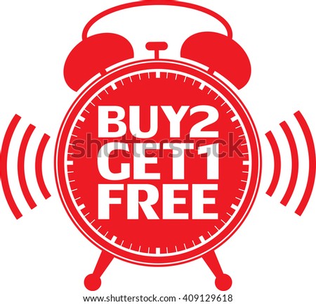 Buy 2 get 1 free red alarm clock, vector illustration