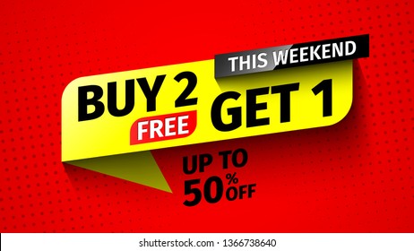 Buy 2, get 1 sale banner. Vector illustration.