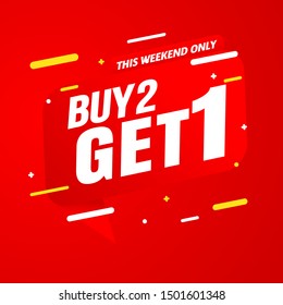 Buy 2 Get 1 sale banner red template.Vector background