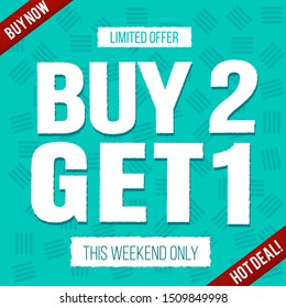 Buy 2 Get 1 Sale banner blue template design. Big sale special offer. End of season special offer banner. vector illustration.