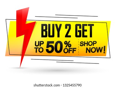 Buy 2 Get 50% off, sale banner design template, promo poster, flash discount tag, vector illustration