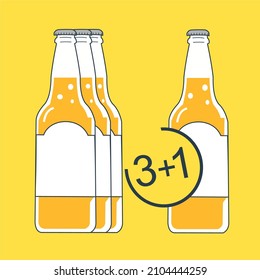Buy 3 bottles beer get 1 free. Vector illustration.