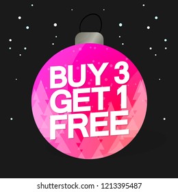 Buy 3 Get 1 Free, Christmas sale banner design template, Xmas discount tag, vector illustration