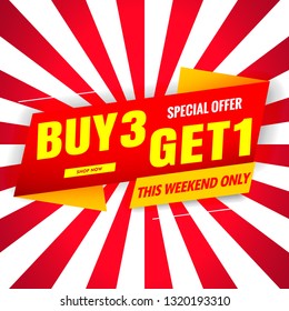 buy 3 get 1 free sale red banner.Vector design