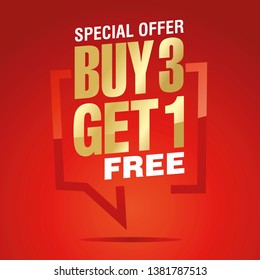 Buy 3 get 1 free in brackets speech gold white red sticker icon