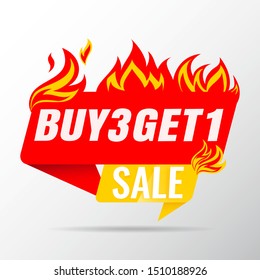 Buy 3 Get 1 Free Hot sale price offer deal  vector labels templates stickers designs with flame