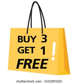 Buy 3 get 1 free on the background of shopping bags.