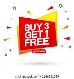 Buy 3 Get 1 Free, Sale banner design template, discount tag, app icon, vector illustration