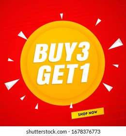 Buy 3 Get 1 Free, Sale banner template  yllow and red