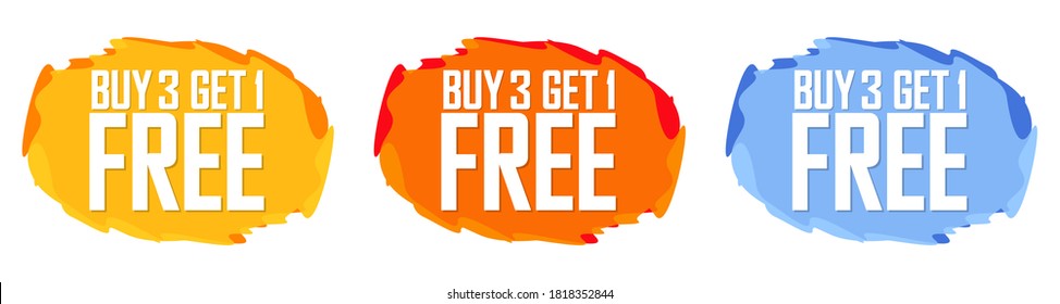 Buy 3 Get 1 Free, Set Sale bubble banners design template, discount tags, app icons, vector illustration