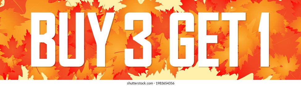 Buy 3 Get 1 Free, Autumn sale web banner design template, Fall discount horizontal poster, vector illustration