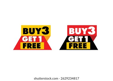 Buy 3 Get 1 Free promotional badge set – colorful vector speech bubble labels for retail offers, marketing sales, and discount campaigns.