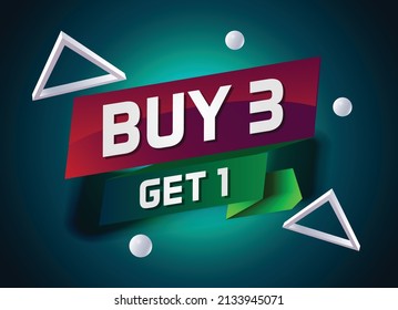 Buy 3 get 1 word concept vector illustration with lines 3d style for social media landing page, template, ui, web, mobile app, poster, banner, flyer, background, gift card, coupon, label, wallpaper