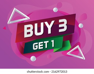 buy 3 get 1 word concept vector illustration with pink modern futuristic 3d style for landing page template ui web mobile app poster banner flyer background gift card coupon label wallpaper