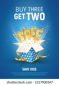 Buy 3 get 2 free vector illustration. Ad Special offer super sale. Free gold word and blue gift box on light background