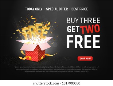 Buy 3 get 2 free vector illustration. Ad Special offer super sale red gift box on dark background