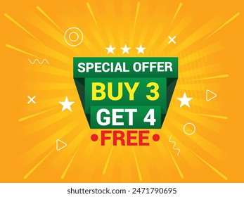 Buy 3 Get 4 Free Banner, Special Offer Banner, Big Sale, Sale Banner, Banner Design Template.