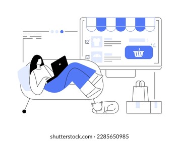 Comprar ilustración vectorial de concepto abstracto. barra de menús del sitio web, comercio electrónico, compras en línea, producto en stock, tienda minorista, lista de compras, cuenta de usuario mundial de entrega metáfora abstracta.