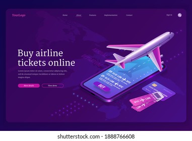 Buy Airline Ticket Online Isometric Landing Page With Plane On Runway, Booking Application On Smartphone Screen And Bank Card Over World Map. Airplane Travel App For Mobile Phone 3d Vector Web Banner