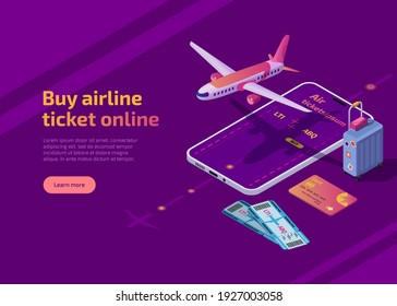 Buy airline ticket online isometric landing page. 3d vector web banner with plane in the air, bank card and suitcase. Booking application on smartphone screen. Airplane travel app for mobile phone.