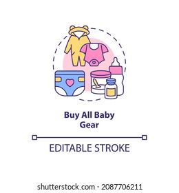 Buy all baby gear concept icon. Preparing for baby abstract idea thin line illustration. Kids clothing. Purchasing infant equipment, accessories. Vector isolated outline color drawing. Editable stroke