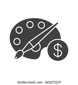 Buy art equipment glyph icon. Silhouette symbol. Palette with brush and dollar sign. Negative space. Vector isolated illustration