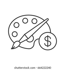 Buy art equipment linear icon. Thin line illustration. Palette with brush and dollar sign contour symbol. Vector isolated outline drawing