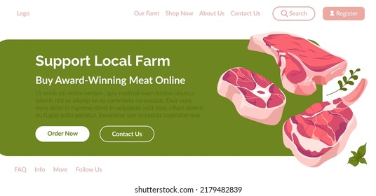 Buy Award Winning Meat Online, Support Local Farm. Shopping At Marketplace, Ingredients For Cooking And Preparing Tasty Rich Protein Food. Website Landing Page, Web Page Template. Vector In Flat Style