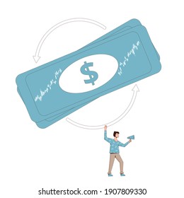 Buy back concept. Man with megaphone and stock repurchase symbol isolated on white background. Line art flat vector illustration. 