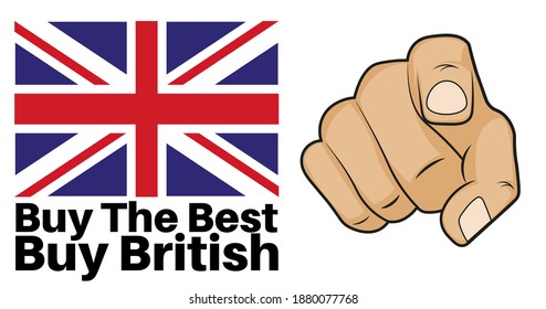 Kaufen Sie The Best - Kaufen Sie britische Vektorgrafik mit britischer Flagge und zeigen Sie mit der Hand auf weißem Hintergrund.