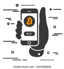 Buy bitcoin cryptocurrency per click. Man hand holding phone with crypto coin and buy button on screen