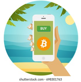 Buy bitcoin and live easily richly. Online crypto payment concept. Man hand holding smartphone with golden coin, button buy. Pay per click by virtual currency. Summer background, sea south