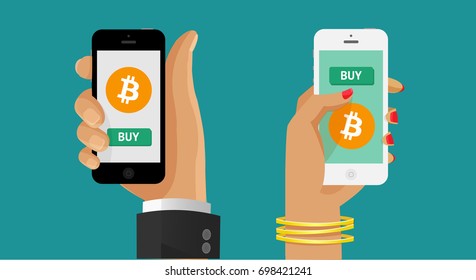 Buy bitcoin. Online crypto payment concept. Man and woman hand holding smartphone with golden coin, button buy. Pay per click by virtual currency. Flat vector for business, web banners, sites design