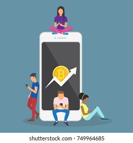Buy bitcoin. Online crypto payment concept. Pay per click by virtual currency. Flat vector for business, web banners, sites design