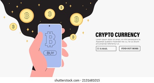 Kaufen Sie Bitcoin online. Vektorgrafik von Händen halten Smartphone und kaufen Kryptowährung in mobilen Anwendungen. Web-Banner der Blockchain-Technologie, Bitcoin, Altmünzbergbau, digitaler Geldmarkt.