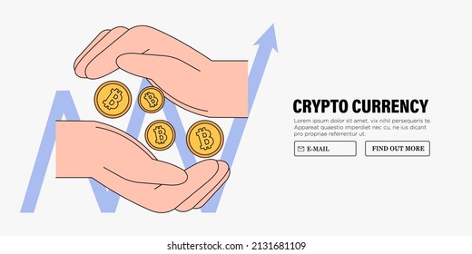 Compra Bitcoin online. Ilustración vectorial de las manos compra criptodivisa. Banner web de tecnología de blockchain, bitcoin, minería de alpes. Análisis digital del mercado monetario, estadísticas de gráficos. 