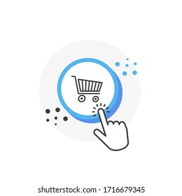 BUY blue 3D circles button with hand pointer clicking. White background. Vector illustration.