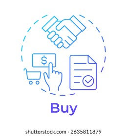 Comprar icono de concepto de degradado azul. Producto de compras, servicios. Comercio, negocios. Organización de documentos. Ilustración de línea de forma redonda. Abstractas idea. Diseño gráfico. Fácil de usar en infografía