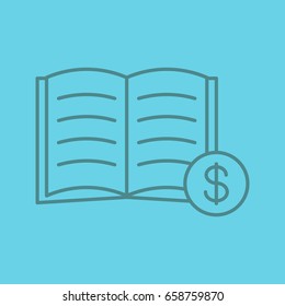 Buy book color linear icon. Bookstore. Textbook with dollar sign. Thin line outline symbols on color background. Vector illustration