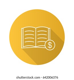 Buy book flat linear long shadow icon. Bookstore. Textbook with dollar sign. Vector outline symbol