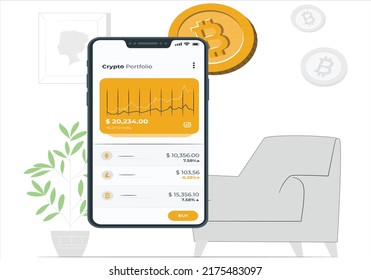 Buy BTC Crypto Token with Mobile Phone App. Banner Non-fungible token and smartphone with app for buying crypto arts. NFT token in blockchain technology. 2D illustration Crypto Art Application. Vector