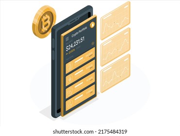 Buy BTC Crypto Token with Mobile Phone App. Banner Non-fungible token and smartphone with app for buying crypto arts. NFT token in blockchain technology. 3D illustration Crypto Art Application. Vector