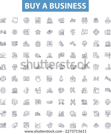 Buy a business line icons, signs set. Acquire, Purchase, Entrepreneur, Business, Invest, Merger, Assets, Ownership, Stock outline vector illustrations.