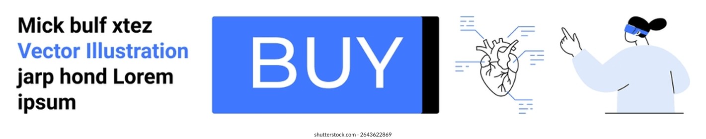 Buy button, anatomical heart diagram with labels, female doctor using pointer, blue and black text blocks. Ideal for healthcare, e-commerce, medical education, anatomy studies, online purchasing