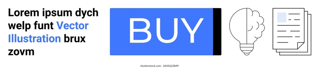 Comprar botão em azul, ícone de lâmpada, pilha de documentos, Lorem ipsum texto. Ideal para e-commerce, compras on-line, start-ups, inovação, ideias de negócios, marketing e conteúdo digital. Página inicial