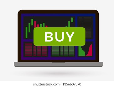 Buy button cryptocurrency trading candlestick chart on laptop screen. Trade flat vector illustration. Crypto currency exchange market graph on computer display creative concept.