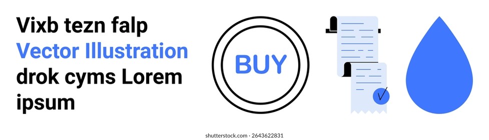 Botão Comprar circunscrito em preto, lista de verificação de documento com uma marca de seleção e uma gota azul. Ideal para e-commerce, compras on-line, marketing digital, web design, negócios, recursos informativos