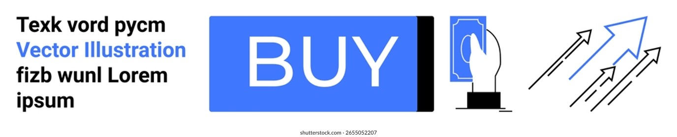 Buy button, hand pressing screen, arrows, and placeholder text. Ideal for e-commerce, marketing, user interface design, online shopping, web design, digital sales promotion, modern layouts. Landing