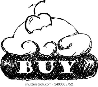buy button, hand-drawn muffin with cherry, icon, sales, culinary site, pencil drawing