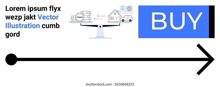 botão Comprar, seta grande, fluxograma financeiro com carrinho, casa, ícone de moedas, lorem ipsum texto. Ideal para e-commerce, planejamento financeiro, marketing digital, compras on-line, funil de vendas, econômico